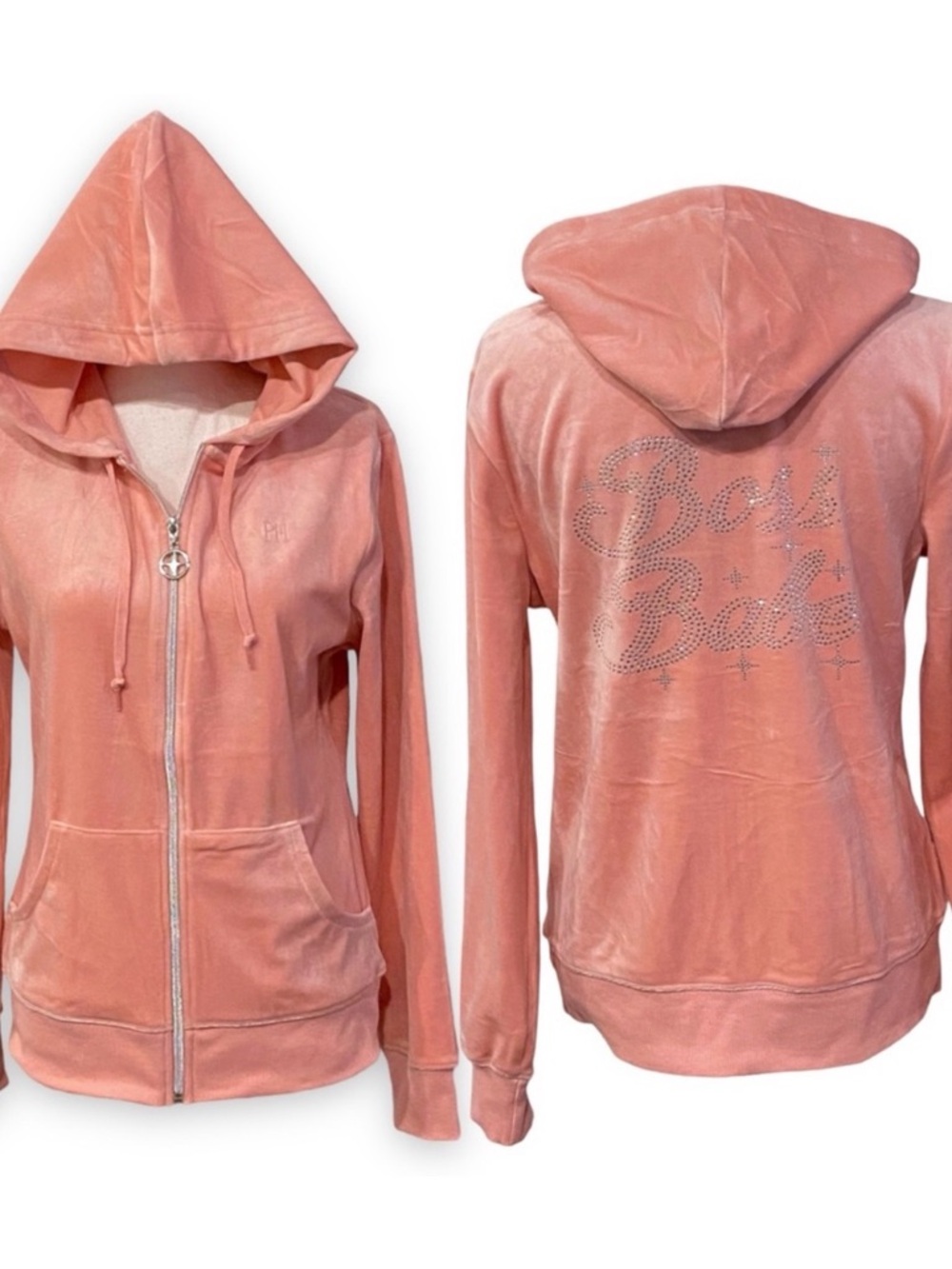 Paris Hilton Peach Pink Velour Zip Hoodie with Rhinestone Back Script